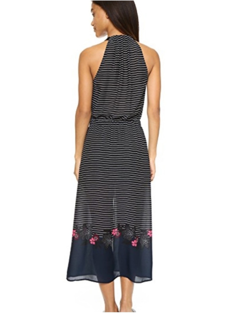 A.L.C ALC silk black white stripe cinch tie waist halter floral trim maxi dress - Picture 15 of 15